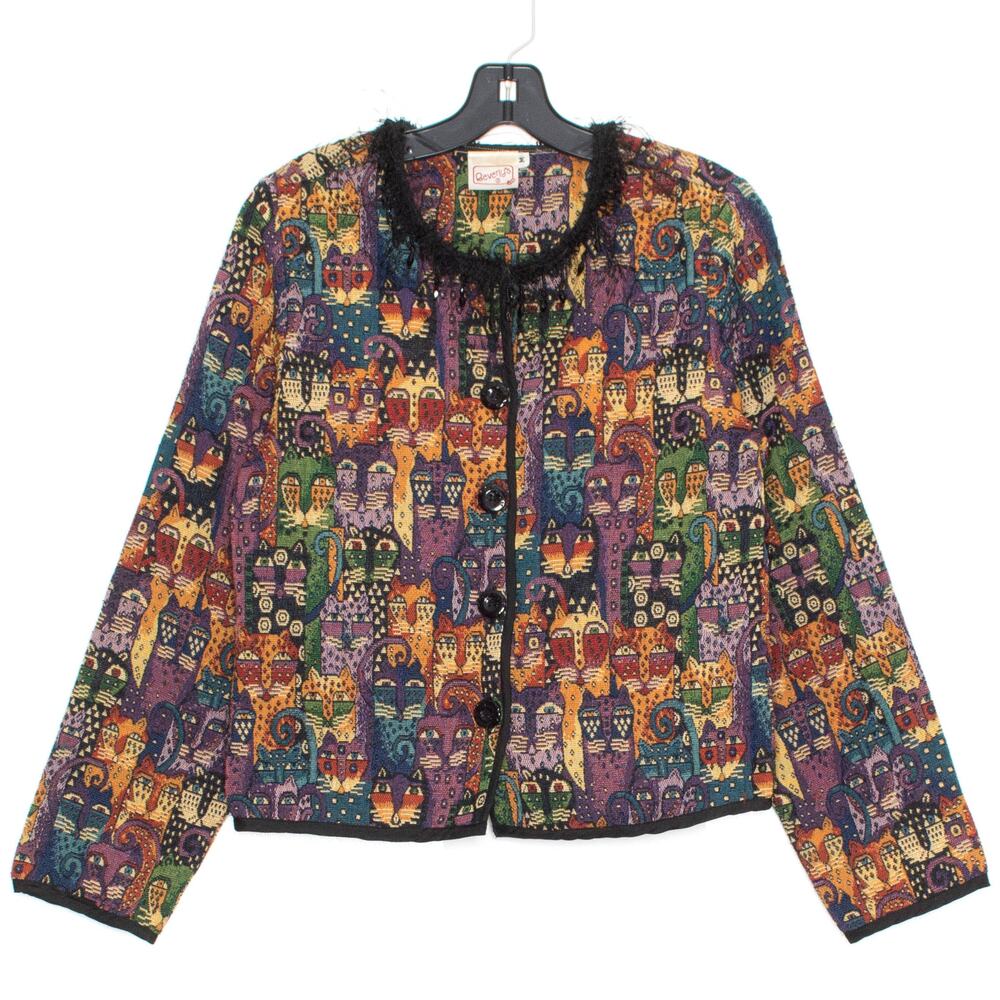 Vintage Allover Cat Lady Tapestry Jacket Wearable Art Grandmacore 90s Teacher M
